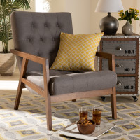 Baxton Studio BBT8040-Grey/Walnut-CC Naeva Mid-Century Modern Grey Fabric Upholstered Walnut Finished Wood Armchair